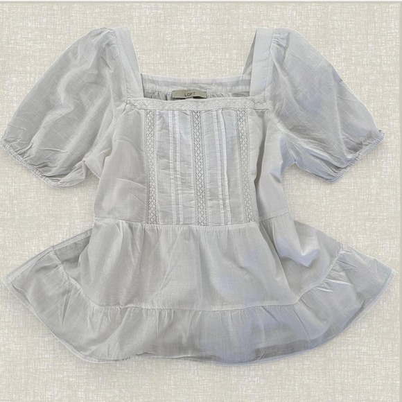 LOFT White Lace Trim Pintuck Square Neck Puff Sleeve Tiered Peplum Blouse Medium - Picture 7 of 7